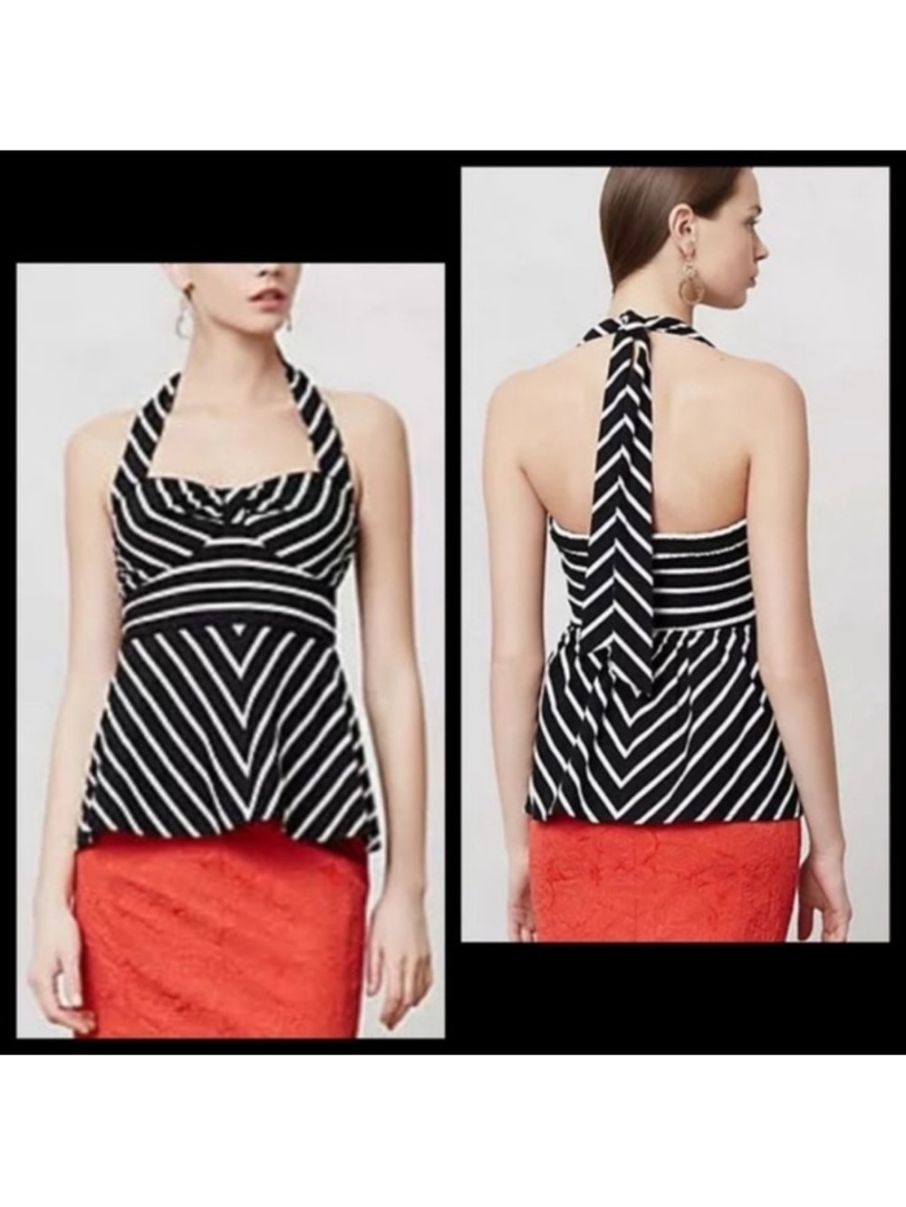 Anthropologie Black & White Striped Halter Peplum Top